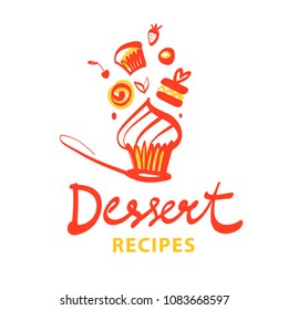 Concept template logo for confectionery, bakery, candy shop. Silhouette abstract stylized birthday cupcake on spoon. Sweet dessert recipe. 