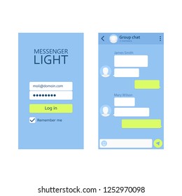 Concept template of mobile application. Online conversation, virtual relationships, social networking. Vector flat style cartoon illustration. Mobile modern UI kit messenger on the smartphone screen