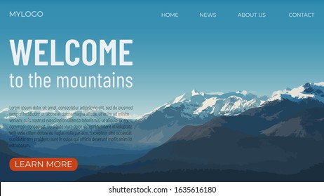 
Concept template for web page on the theme of mountaineering, hiking, travel. Landscape with snowy mountain peaks. The concept of extreme sports, recreation and outdoor recreation.