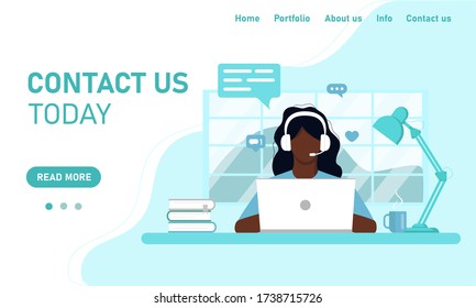 Concept template web site and banner chat customer service customer support. Girl African operator at a laptop working from a home office, online training. Flat style, design vector graphics.