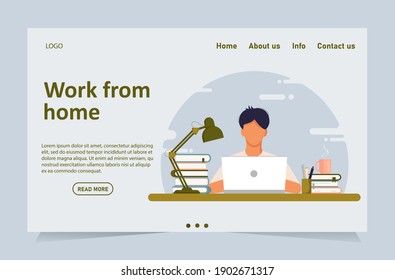 Concept template for web site and banner chat customer service support. The guy the operator behind the laptop works from the home office, online training. Flat style, design vector graphics.