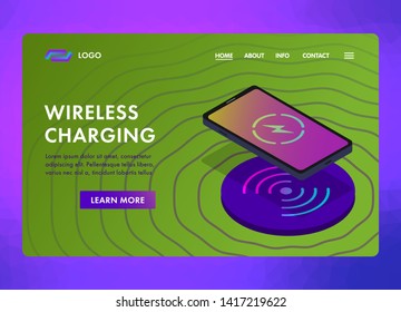 Concept template of wireless charging qi for smartphone with icon battery and charging progress. Vector isolated  illustration for sites, landing pages and banners.