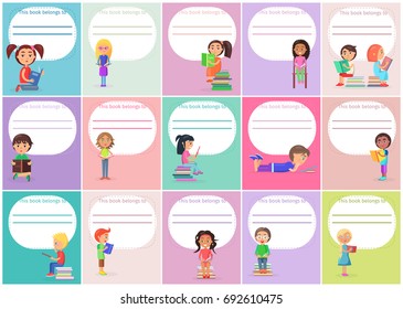 Concept of templates this book belong to with readind kids standing, sitting, lying and holding color textbook vector illustrations.