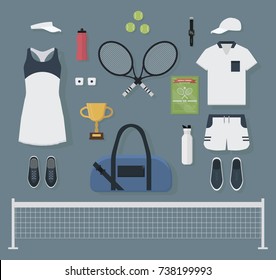 Concept of tennis equipment: male and female uniform, tennis balls, sport shoes and bag, trophy, bottles of water, poster and racquets. Healthy lifestyle concept. Isolated flat vector illustration.