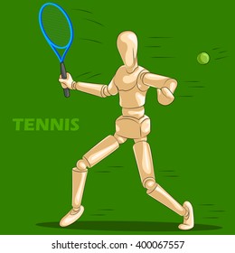 Concept of Tennis sports with wooden human mannequin. Vector illustration