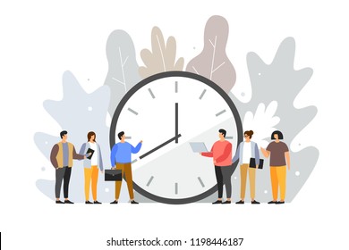 Concept of term and time. Deadline. Cartoon young people stand around the dial of a large watch. Time management planning. Time is money. Vector flat illustration. 