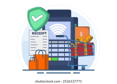 Concept of terminal for contactless and wireless payment of goods, POS terminal confirming payment by debit card, Invoice, Shopping concept, Payment machine, Payment card. Flat vector illustration.