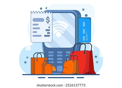 Conceito de terminal para pagamento sem contato e sem fio de mercadorias, terminal POS confirmando pagamento por cartão de débito, fatura, conceito de compras, máquina de pagamento, cartão de pagamento. Ilustração de vetor plano.