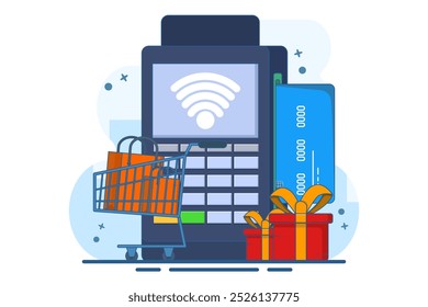 Concept of terminal for contactless and wireless payment of goods, POS terminal confirming payment by debit card, Invoice, Shopping concept, Payment machine, Payment card. Flat vector illustration.