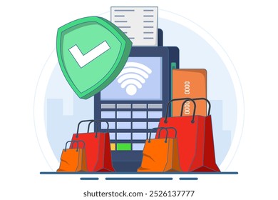 Conceito de terminal para pagamento sem contato e sem fio de mercadorias, terminal POS confirmando pagamento por cartão de débito, fatura, conceito de compras, máquina de pagamento, cartão de pagamento. Ilustração de vetor plano.