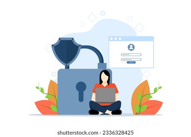 Concept of terms and conditions, privacy policy, user consent, remote transaction, personal data protection, Woman sitting in front of lock with laptop. flat vector illustration on a white background.