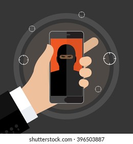 Concept of terrorism. Man hold phone with icon of terrorist on screen. Flat design, vector illustration.