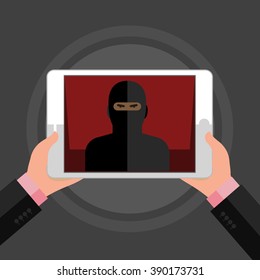 Concept of terrorism. Man hold tablet with icon of terrorist on screen. Flat design, vector illustration.