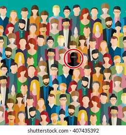 Concept of terrorism. Terrorism threat with crowd of people. Terrorist in the crowd. Flat design, vector illustration.