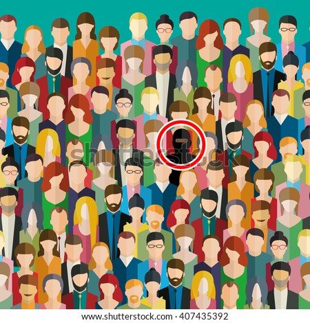 Concept of terrorism. Terrorism threat with crowd of people. Terrorist in the crowd. Flat design, vector illustration.