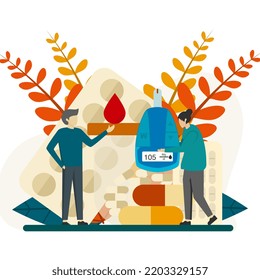 el concepto de análisis de sangre para el azúcar y la glucosa, utilizando glucómetro para el diagnóstico de hipoglucemia o diabetes. Ilustración de vectores para el día de la sensibilización, medicina, concepto de atención de la salud