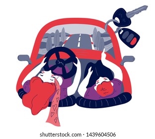El concepto de prueba y compra de un nuevo camión con personajes de personas, compradores y vendedores de automóviles ilustración vectorial aislada en fondo blanco. Diseño para clases de camión al por menor o de permisos de conducir.