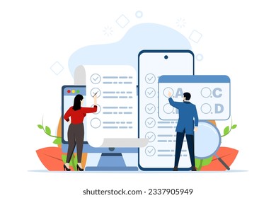 concept of Testing with character. Browse quiz checklist answers and success results abstract vector illustration. Online exam, questionnaire form, online education, survey metaphor. vector.