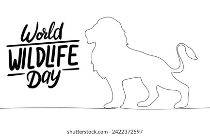 Concept text banner für Ferien World Wildlife Day mit einer Linie stetiger Löwe. Line Art Banner. Handgezeichnete Vektorkunst.