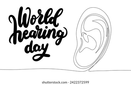 Concept text banner for holiday World Hearing Day with one line continuous human ear. Line art banner. Hand drawn vector art.