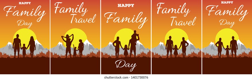Concept with text Happy Family Day and Travel. Silhouette of father, mother, son and daughter on background of adventure landscape and mountains. Family in nature at sunset. Children with parents.