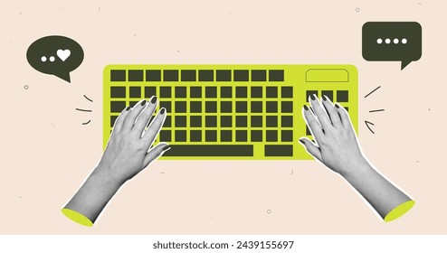 concept of text writing, correspondence, chat. Collage of keyboard and hands in retro halftone style