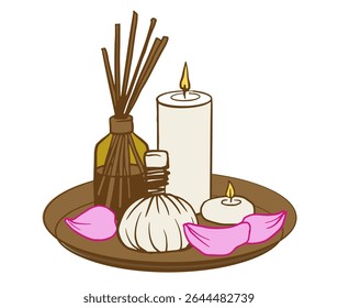 conceito de massagem tailandesa, centro de meditação com óleo de aroma, compressa de ervas, velas e pétalas na bandeja. ilustração vetorial para menu de spa, publicidade de bem-estar, cartazes, embalagem.