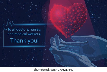 concept Thanks to doctors for saving from the global pandemic covid-19, red heart over blue with two hands, dark blue background, triangles, dots,vector illustration,isolated