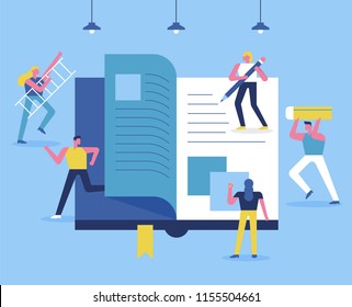 The concept that downsized people are making huge books. flat design style vector graphic illustration set