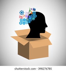 concept of Think outside the box, also Illustrates Creative Idea, brain intelligence and having an open mind for innovation, solutions ,inspiration, imagination, innovation and discovery