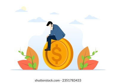 concept of thinking about money decision, financial planning or investment strategy, profit and loss, expense or tax, wise businessman investor thinking where to invest dollar coin money.
