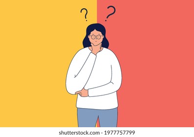 Concept of thinking and choice, thoughtfulness and problem solving. Woman chooses between two options.