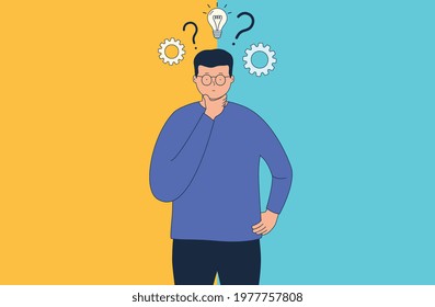 Concept of thinking and choice, thoughtfulness and problem solving. Man chooses between two options.