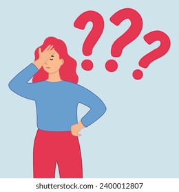 Concept of thinking and choice, thoughtfulness and problem solving. Woman chooses between three options.