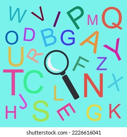 The concept of thinking development, grammar. Magnifier placed on English letters