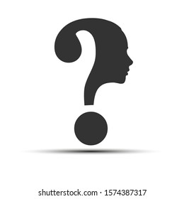 concept of thinking or doubting or finding solutions. Question mark combined with silhouette of female head, flat design for logo, website or app icon, web design.