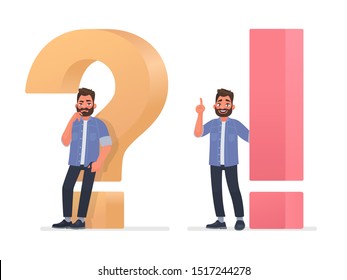 Concept of thinking and the emergence of ideas. A thinking or doubting man is near a big question mark and he is with a solution to the problem. Vector illustration in cartoon style