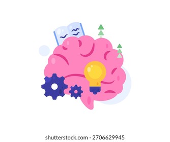 Concepto de pensamiento, ideas inspiradoras, soluciones inteligentes, conocimiento, perspectivas. Ilustración de cerebro, engranajes, libros, luces y una flecha hacia arriba. Diseño de estilo plano. El fondo blanco.