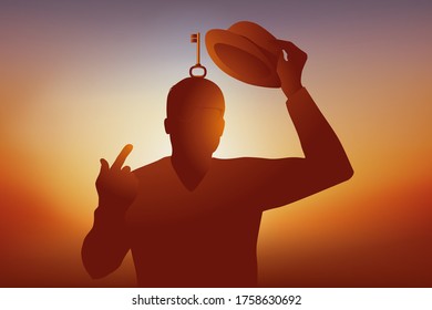 Concept of thinking and looking for ideas with a man who brings up a key by lifting his hat to symbolize the solution.