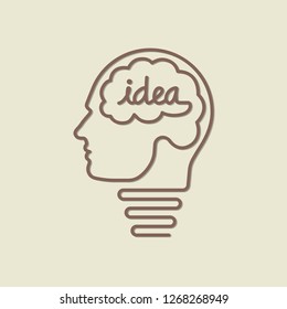 Concept Thinking sign, human head with brain and idea in light bulb icon