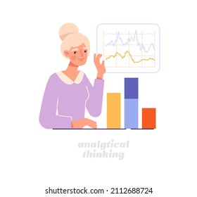 Concepto de tipos de pensamiento. Las niñas evalúan las estadísticas. El empleado trabaja con gráficos, pensamiento matemático y mundo digital. Recuentos de caracteres, diagramas y estadísticas. Dibujo vectorial plano de dibujos animados