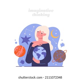 Concept of thinking types. Girl moves planets in cosmic or galaxy sky. Esotericism, mysticism and witchcraft. Character likes horoscopes and developed imagination. Cartoon flat vector illustration