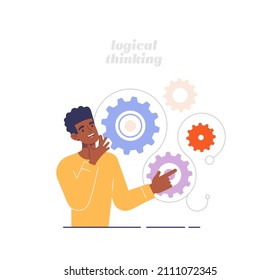 Concept of thinking types. Pensive man moves gears and coghweels. Logical type of character, employee calculates all elements. Stability, facts and arguments. Cartoon flat vector illustration