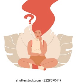 Concepto con una mujer pensante con un signo de interrogación. Problema resolviendo ilustración plana vectorial.