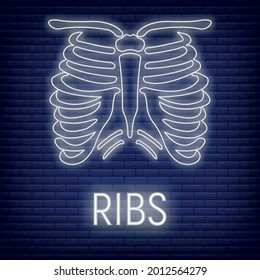 Concept thoracic cage ribs bone icon glow neon style, skeleton part of organism, roentgen human body image isolated on black., flat vector illustration. Silhouette black biological science.
