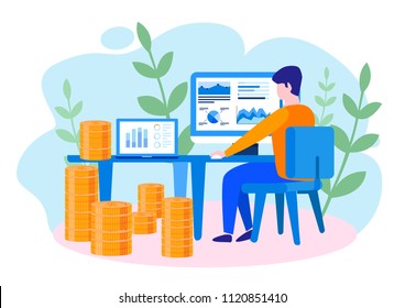 Concept thoughts and analytics for web page, banner, presentation, social media. rise career to success. Vector illustration, Start up, man is thinking over an idea, audit, online banking.