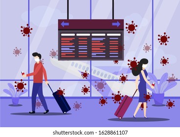 Concept of the threat of spreading coronavirus infection 2019-nCoV. 2019-nCoV. People wear mask at airport to prevent infection from coronavirus. Vector,esp, Illustration