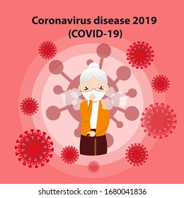 Concept of the threat of spreading coronavirus infection coronavirus disease (COVID-19). Portrait of senior woman protected her face by veil during coronavirus pandemic. 
Vector, esp, illustration.