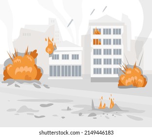 The concept of the threat of war. City on fire. Explosions, rockets, bombs, fires. Stop the war. Vector flat style.