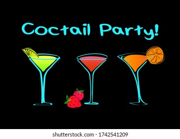 Concept three bright cocktails in martini glasses with slices of fruit on a dark background with the inscription cocktail party. Vector colorfull stock illustration in doodle style.